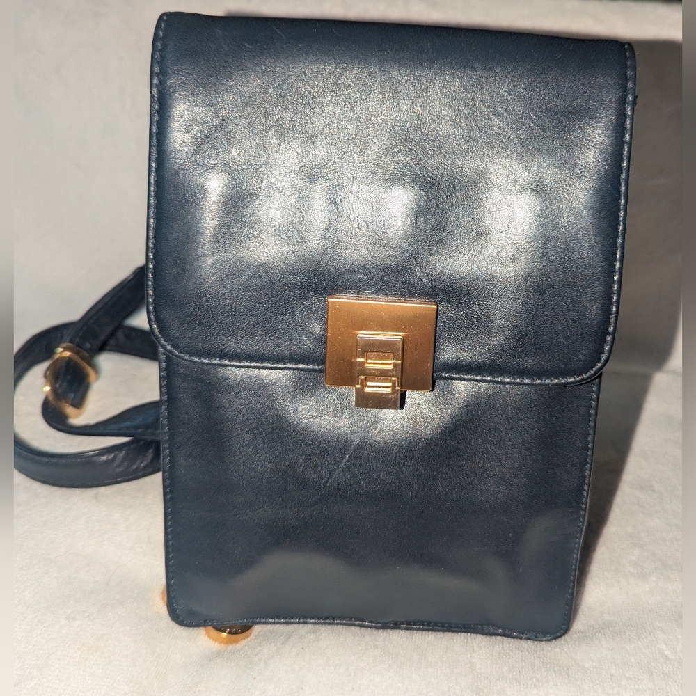 Perlina New York Dark Blue Leather Crossbody Bag with Gold Clasp